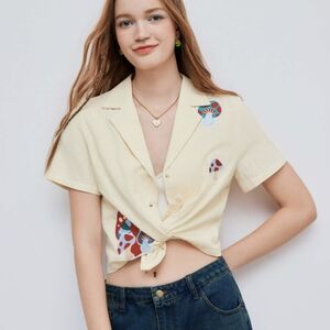 Cider Woven Collar Mushroom Embroidery Short Sleeve Shirt